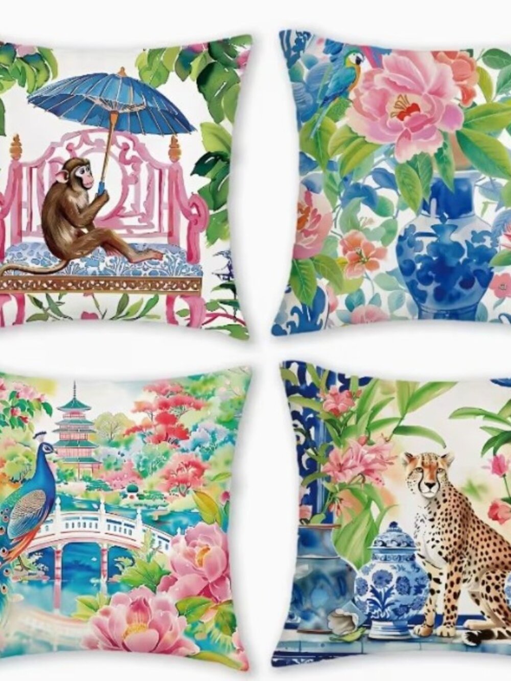4 pcs of Bright Chinoiserie zipper pillowcases - double-sided poly indoor/outdoo